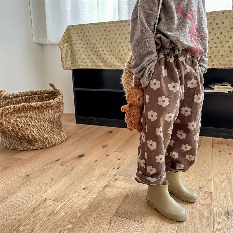 Autumn Vintage Flower Print Harem Pants – Loose Cotton Trousers for Girls 🍂🌸