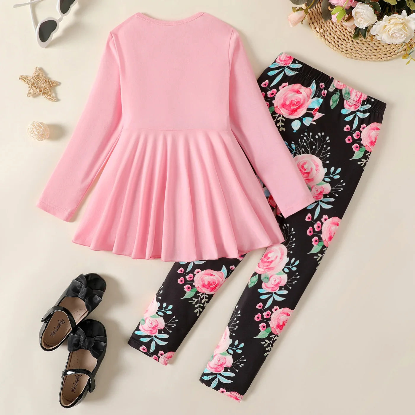 2-Piece Girls' Bowknot Long-Sleeve Tee & Floral Leggings Set