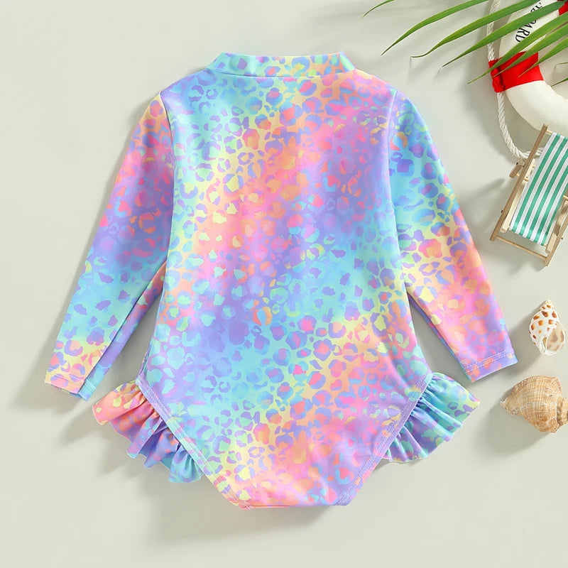 Girls' Long-Sleeve One-Piece Floral Fish Scale Swimsuit with Ruffles