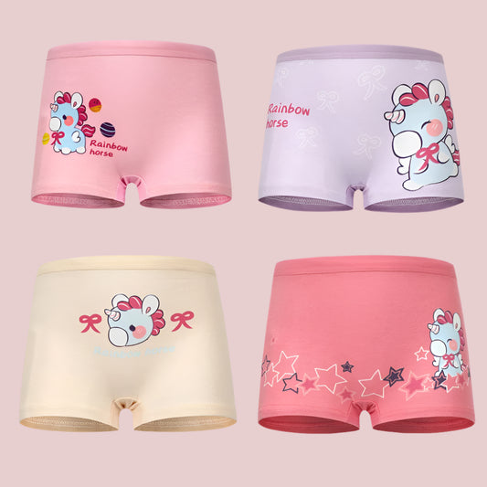 4PCS Girls' Cotton Underwear – Soft & Breathable Unicorn Print Boxer Briefs