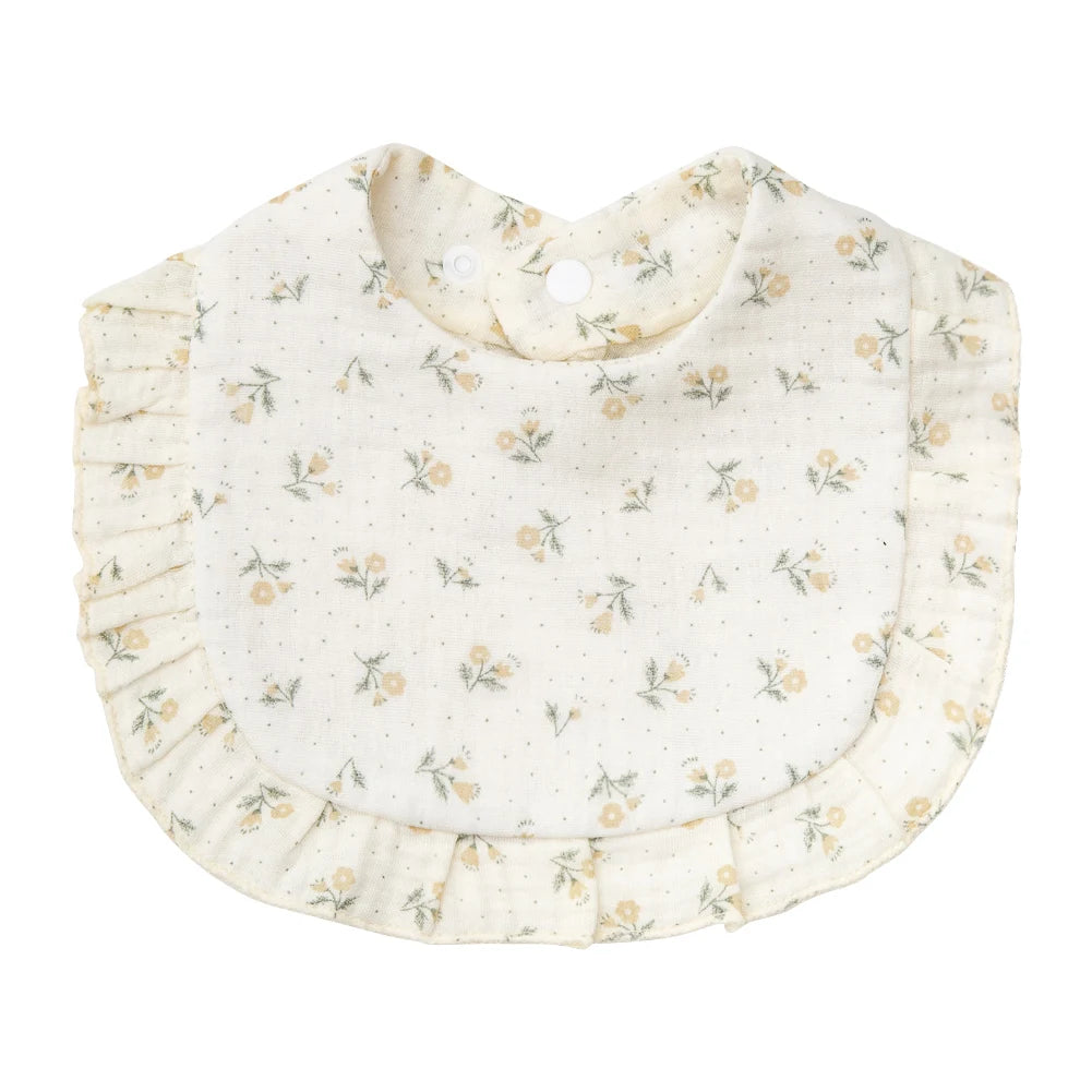 Flower Print Muslin Cotton Baby Bib – Adjustable Snap, Ruffled Edge