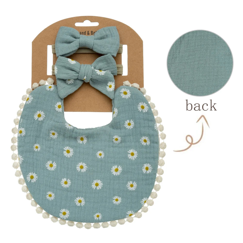 3Pcs Baby Flower Bibs & Headbands Set – Stylish & Functional