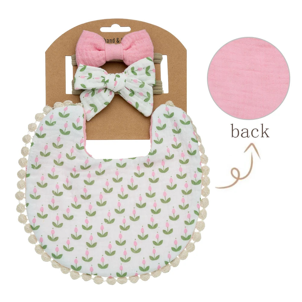 3Pcs Baby Flower Bibs & Headbands Set – Stylish & Functional