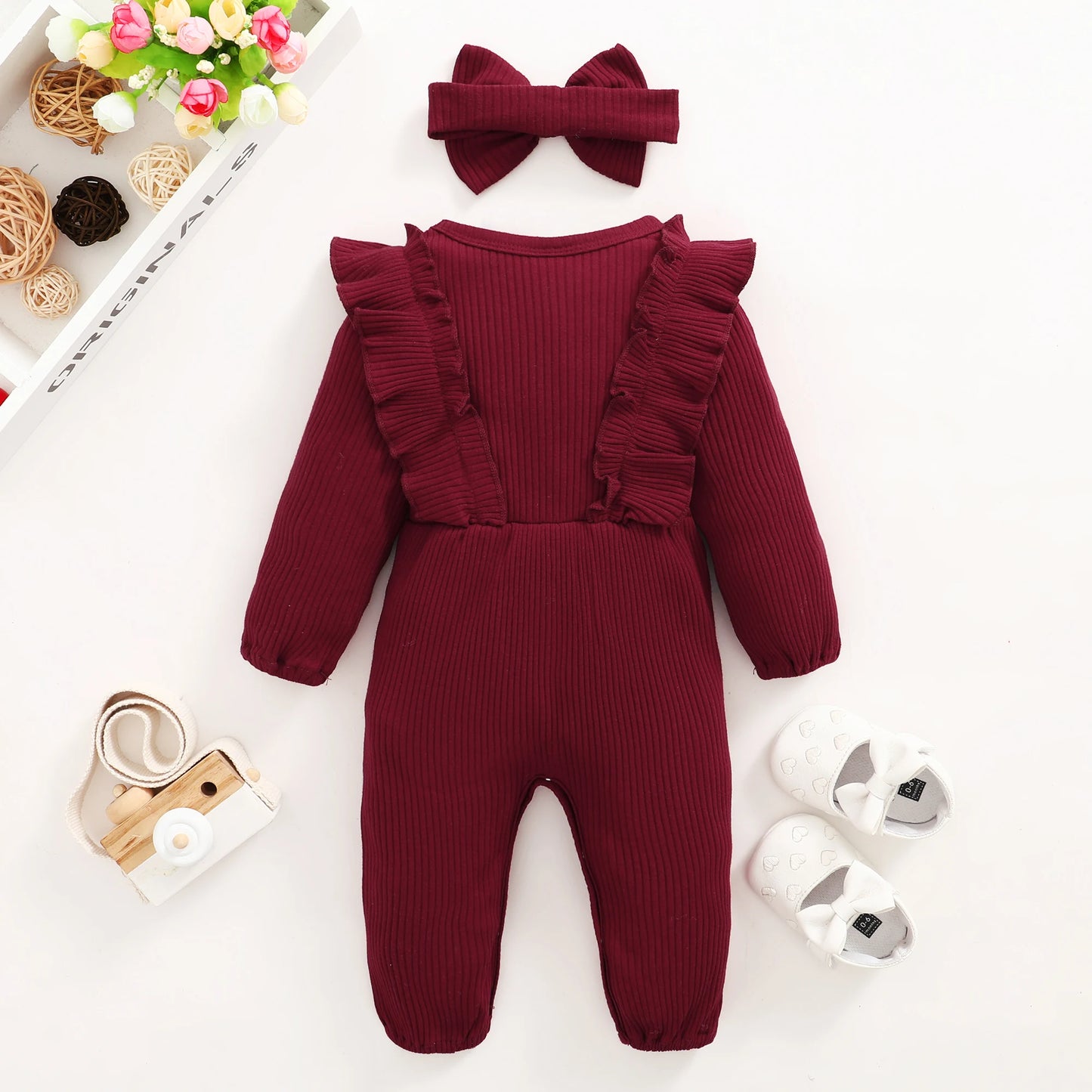 Long Sleeved Ruffle Onesie with Headband Onesie 0-18 Months