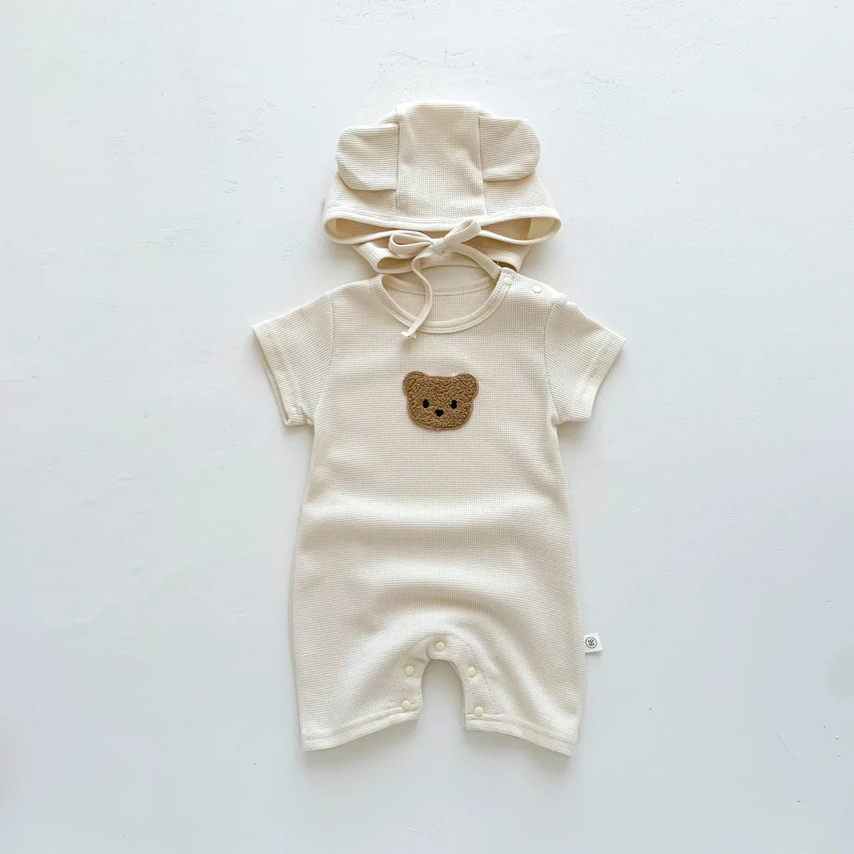 Short Sleeve Waffle Patch Teddy Bear Onesie 0-24M