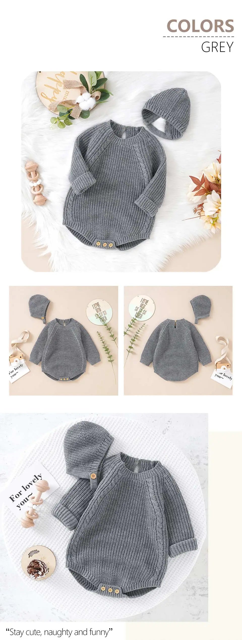 Long-Sleeve Knit Onesie with Matching Knit Hat