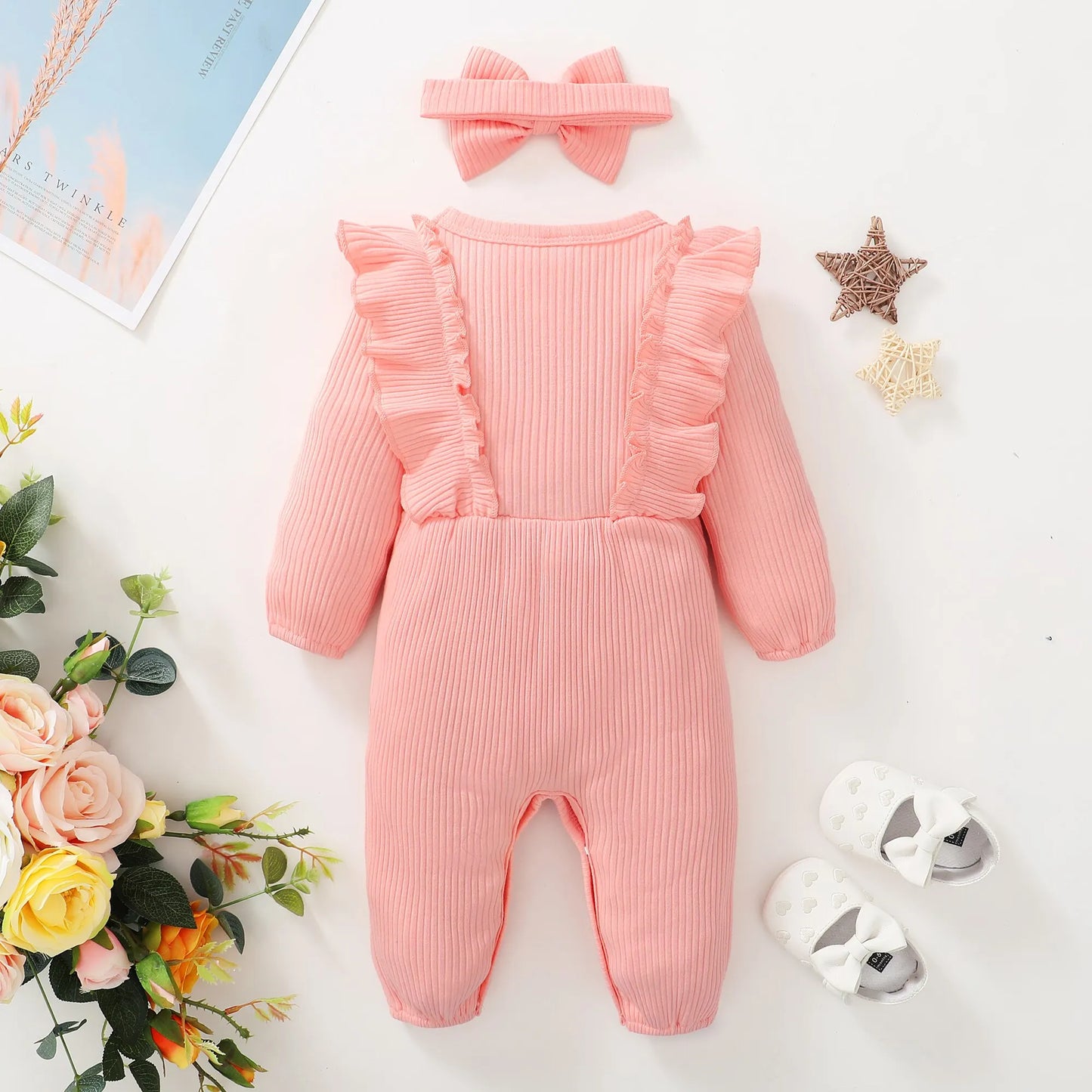 Long Sleeved Ruffle Onesie with Headband Onesie 0-18 Months