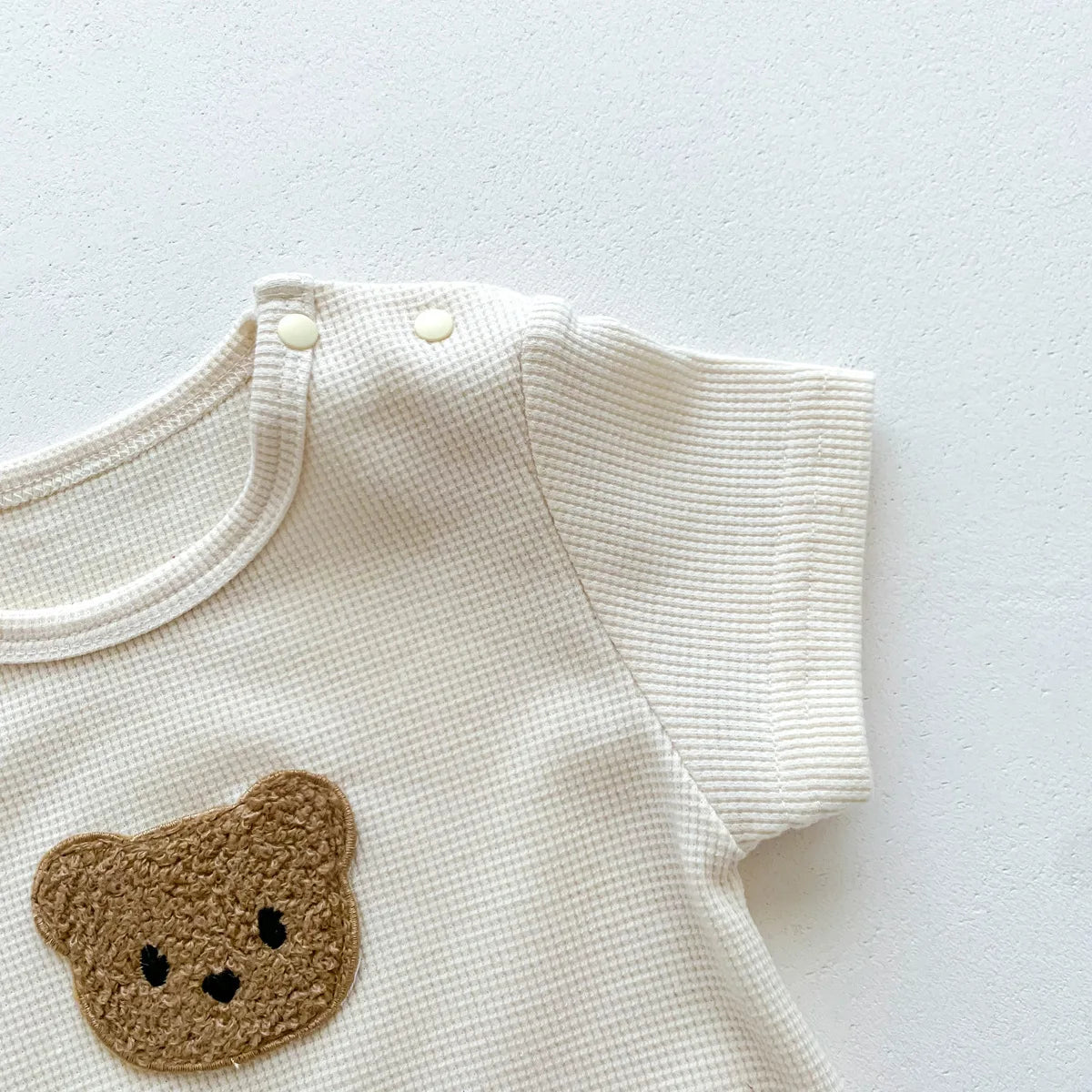 Short Sleeve Waffle Patch Teddy Bear Onesie 0-24M