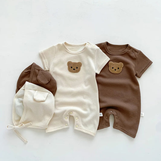 Short Sleeve Waffle Patch Teddy Bear Onesie 0-24M