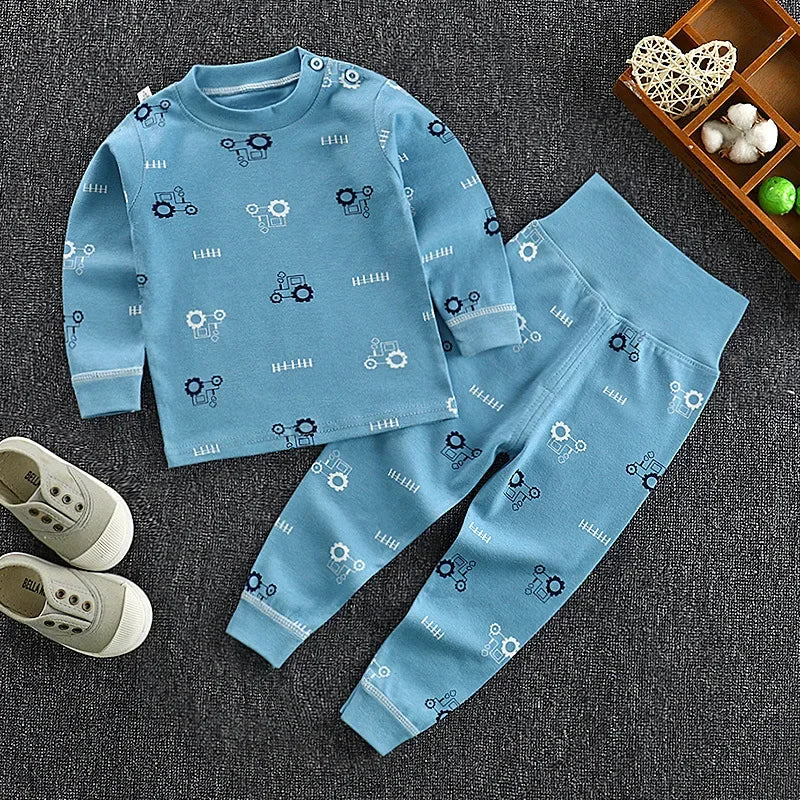 Boys' and Girls' Cotton Long Johns Cartoon Print Pajama Set