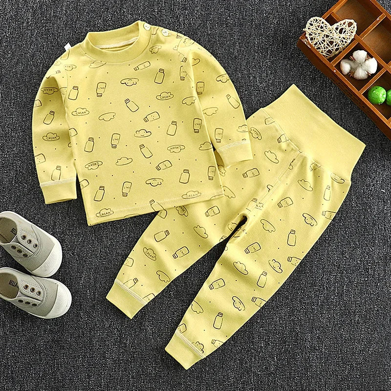 Boys' and Girls' Cotton Long Johns Cartoon Print Pajama Set