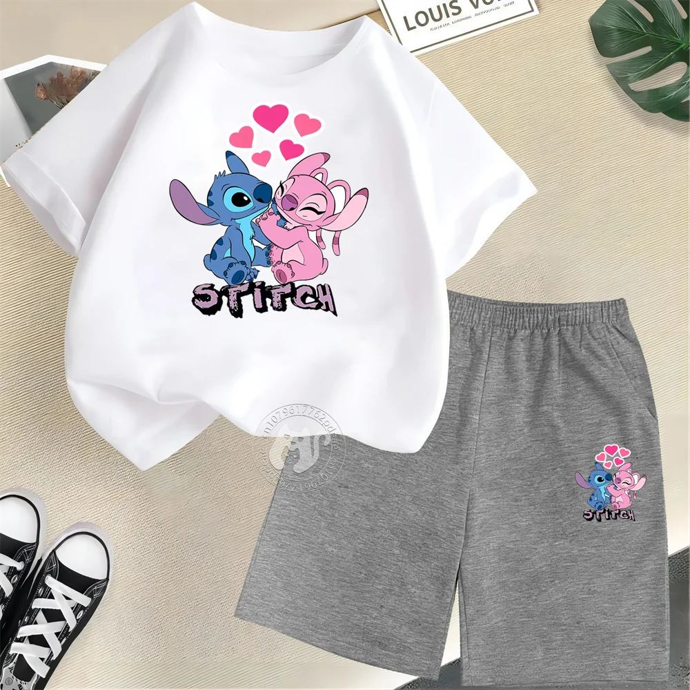 Disney Stitch & Angel Kids' Summer Outfit – 100% Cotton T-Shirt & Shorts Set 🏝️💙