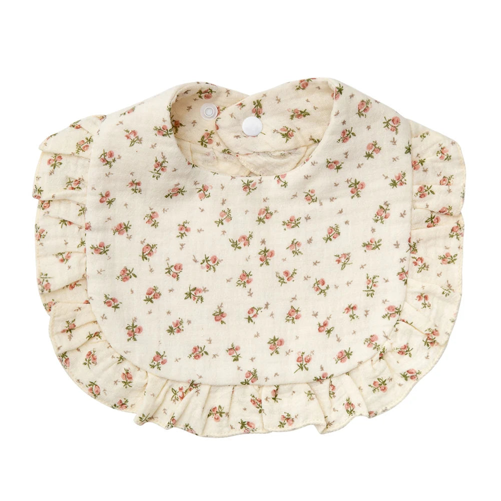 Flower Print Muslin Cotton Baby Bib – Adjustable Snap, Ruffled Edge