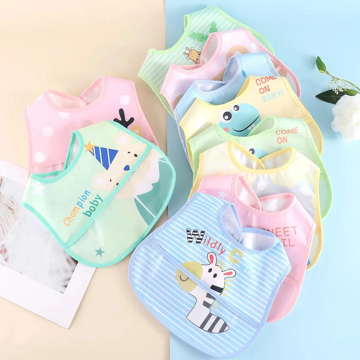 5pcs Cartoon Animals Waterproof Baby Bibs – Adjustable Feeding Aprons for Toddlers