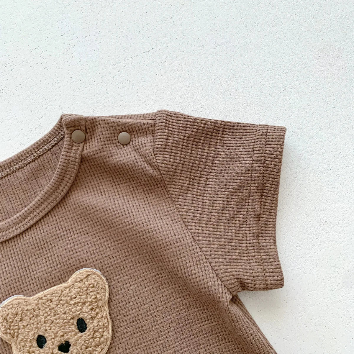 Short Sleeve Waffle Patch Teddy Bear Onesie 0-24M