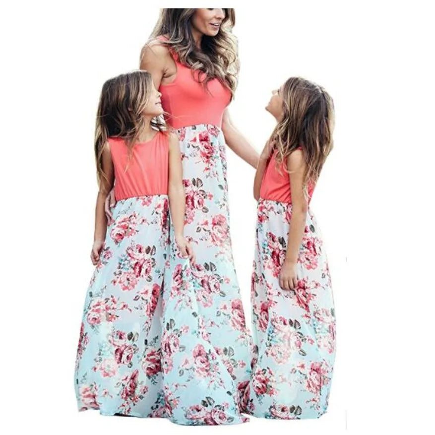 Mother and Daughter Matching Floral Long Dress