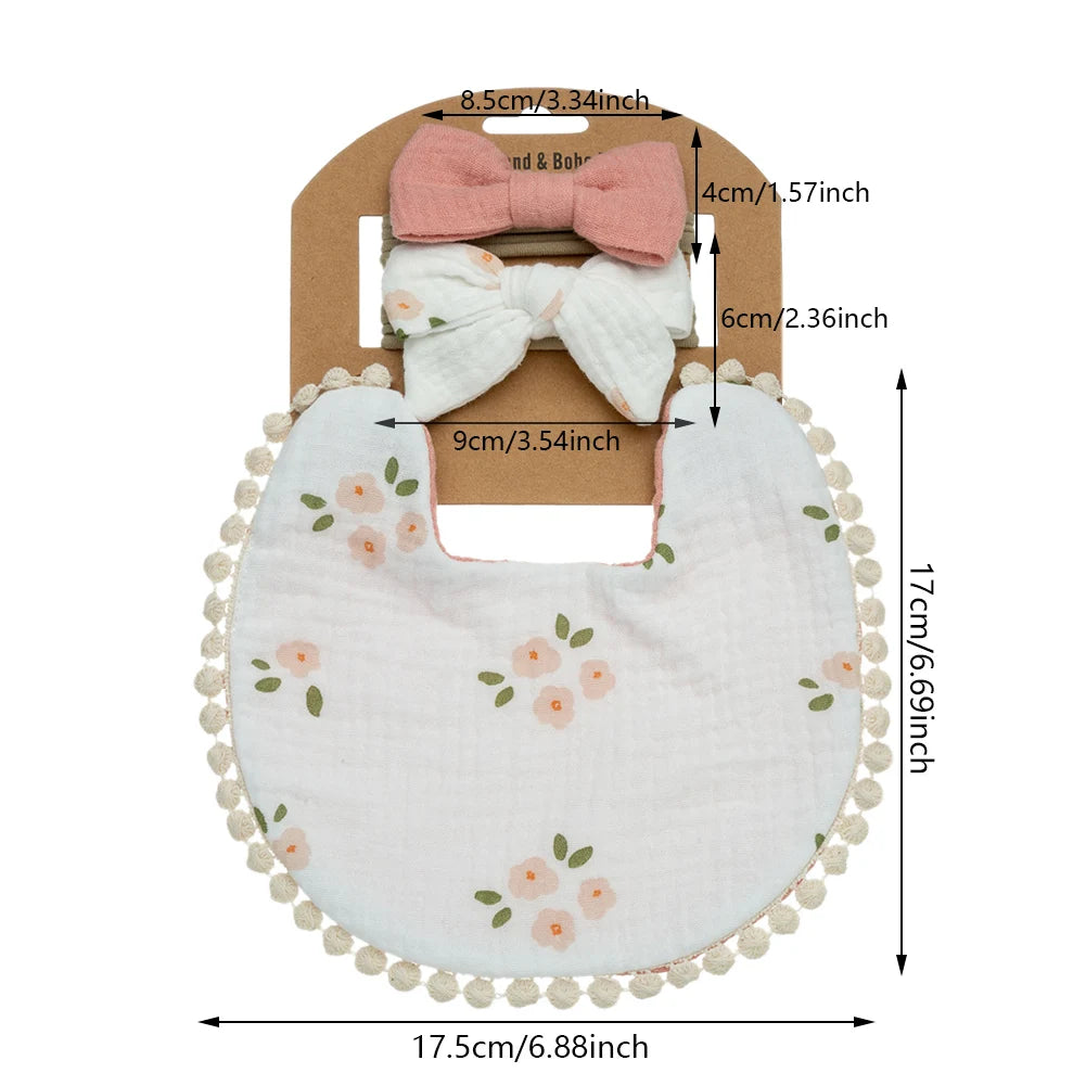 3Pcs Baby Flower Bibs & Headbands Set – Stylish & Functional