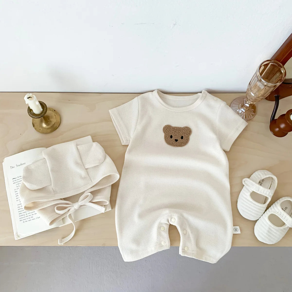 Short Sleeve Waffle Patch Teddy Bear Onesie 0-24M