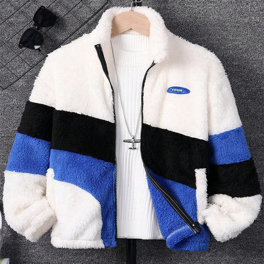 Boys' Plush Color-Block Zipper Jacket