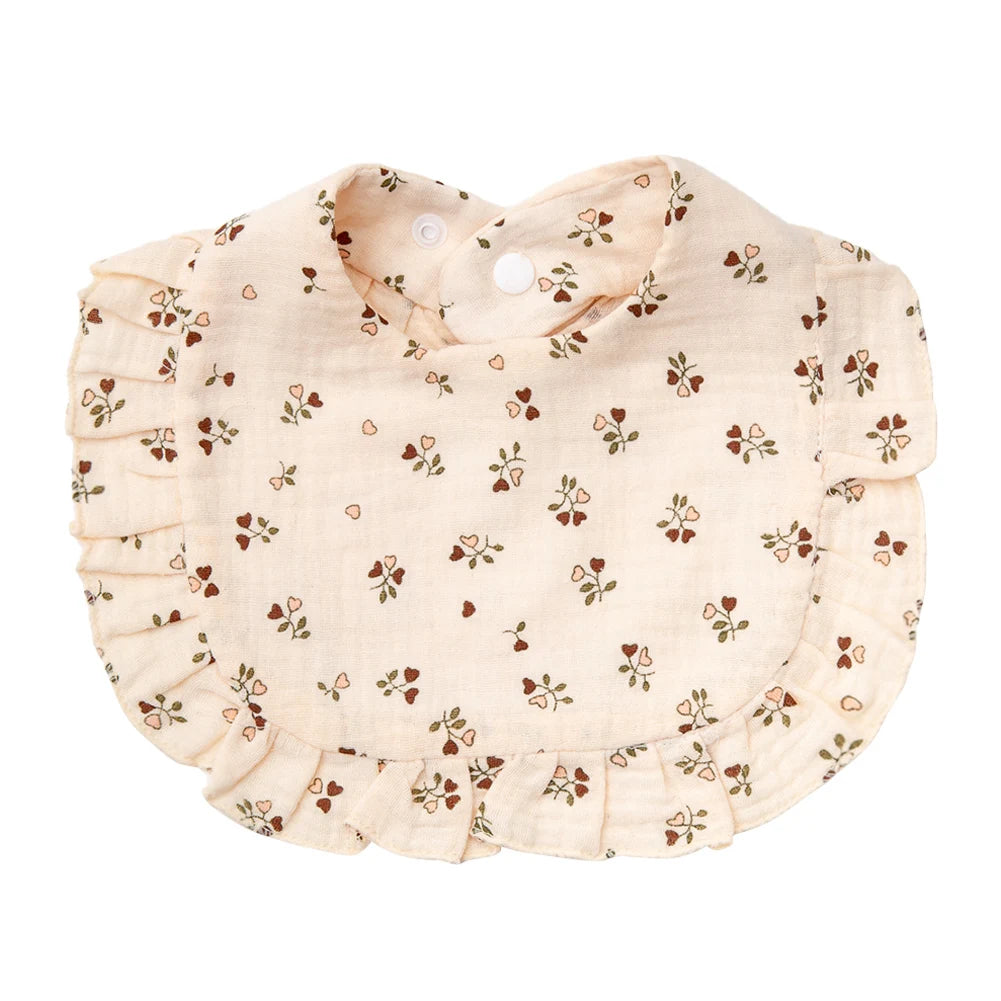 Flower Print Muslin Cotton Baby Bib – Adjustable Snap, Ruffled Edge