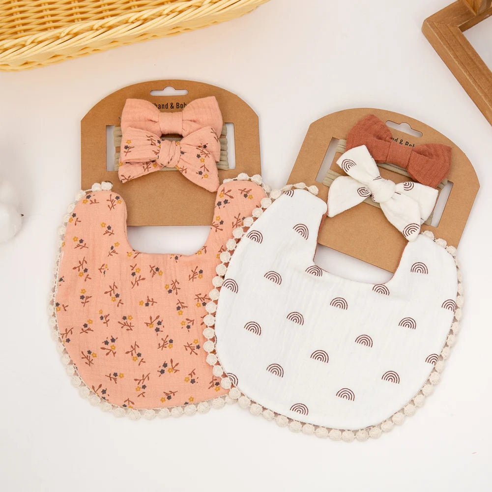 3-Piece Baby Flower Bibs & Headbands Set – Soft & Stylish Baby Accessories