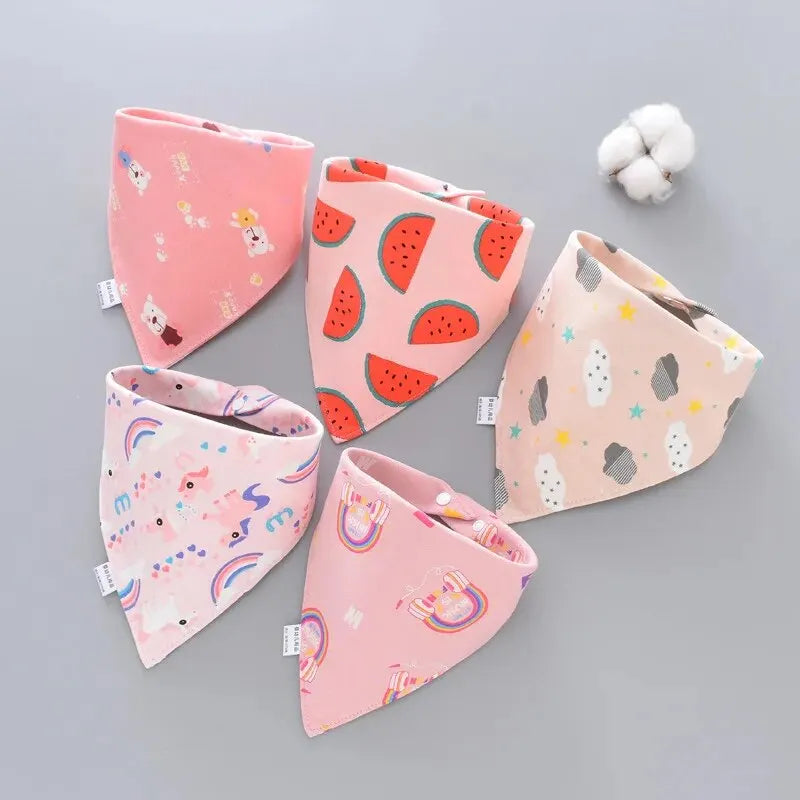 5Pcs Baby Cotton Bibs – Cute Cartoon Print Bandana Bibs