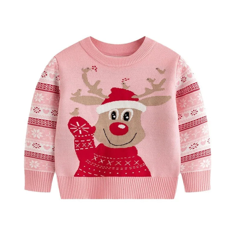 Winter Girls' Reindeer Print Cartoon Sweater – Cute Long-Sleeved Christmas Knit for Girls 🎄🦌