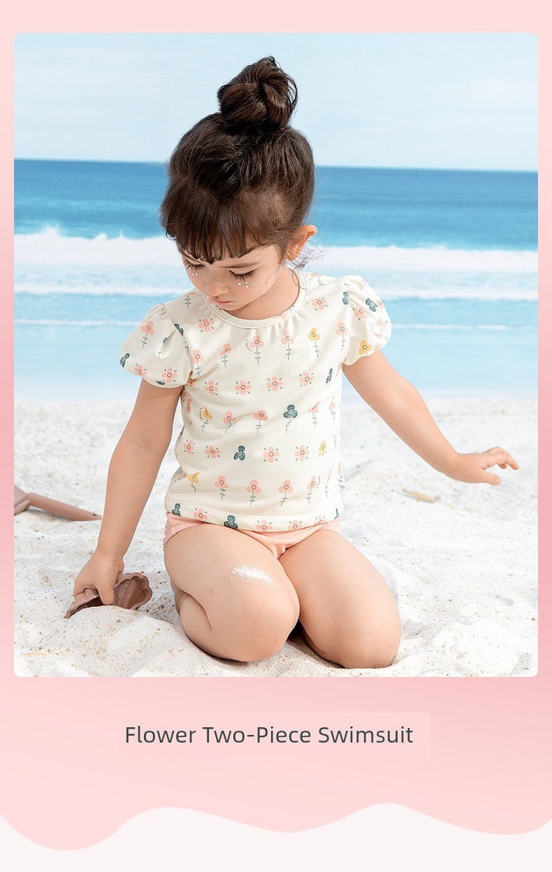 Girls' 2 Piece Swimming Floral Open Back Shirt and Matching Bottoms