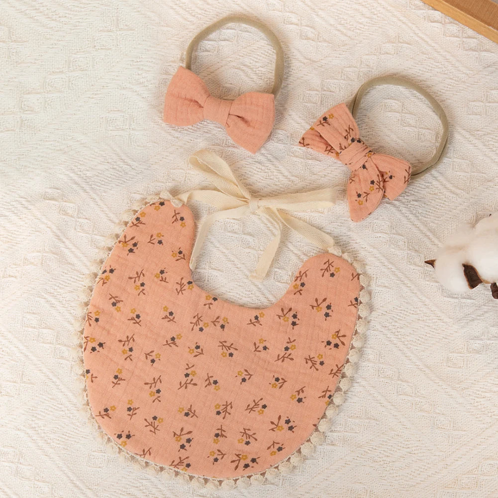 3-Piece Baby Flower Bibs & Headbands Set – Soft & Stylish Baby Accessories