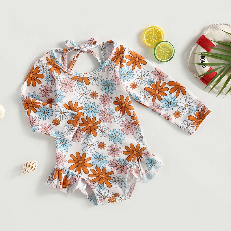 Girls' Long-sleeved Floral Ruffle Swimsuit