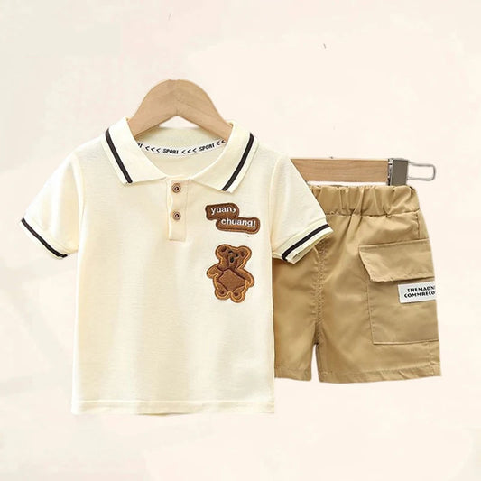 Boys Creme and Khaki Teddy Bear Polo Set 0M-5T