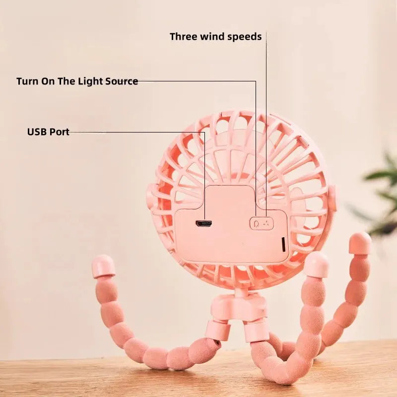 Multi-Functional Portable USB Rechargeable Octopus Mini Fan – Perfect for Strollers & Students 🌬️🔋