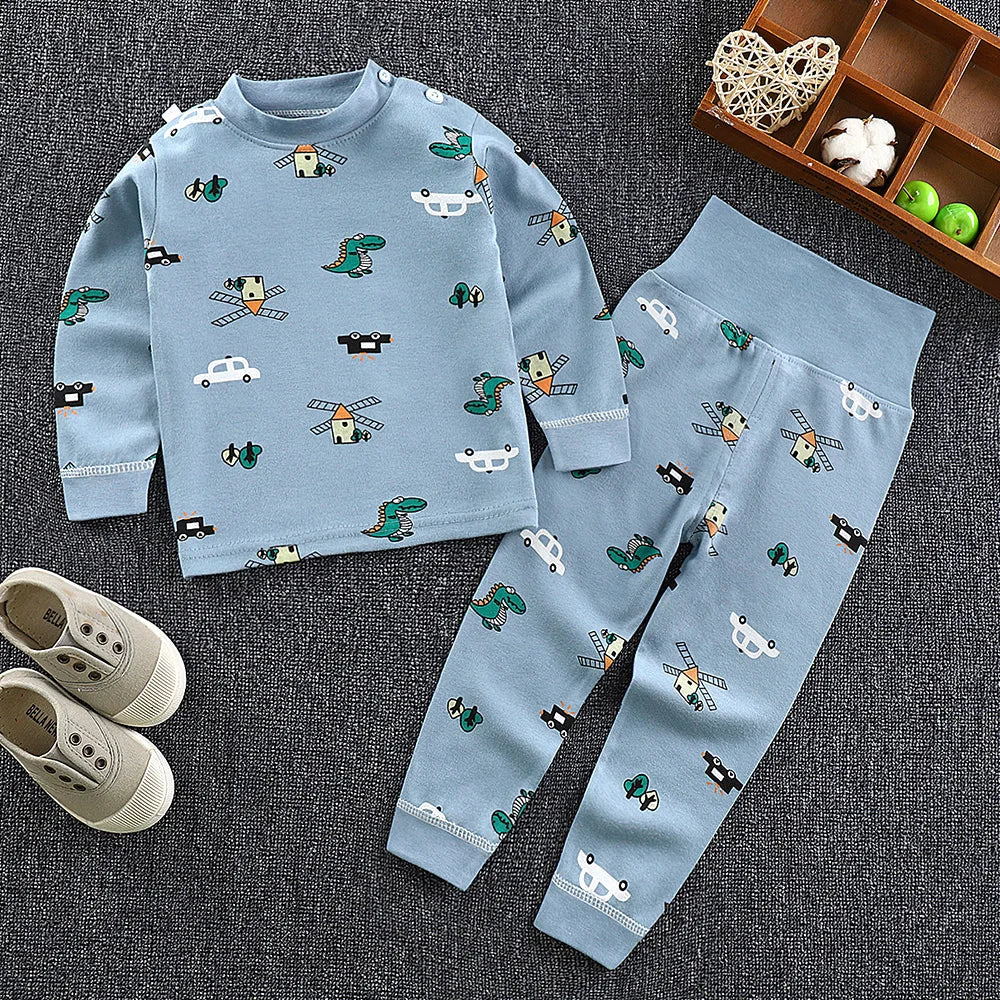 Boys' and Girls' Cotton Long Johns Cartoon Print Pajama Set