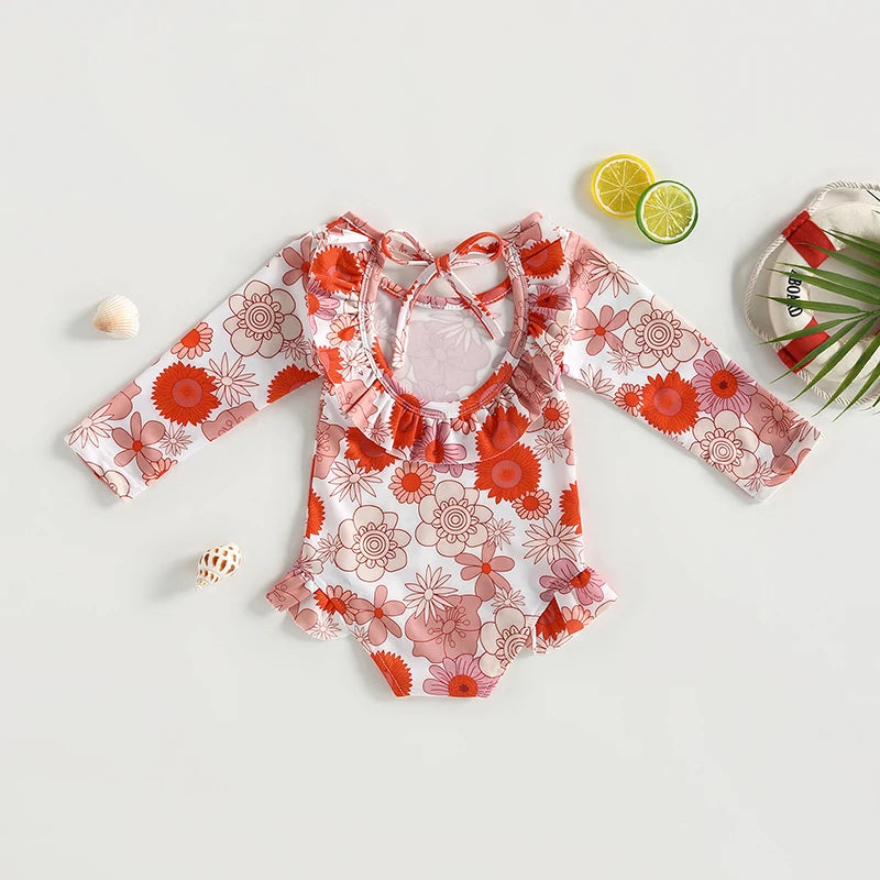 Girls' Long-sleeved Floral Ruffle Swimsuit