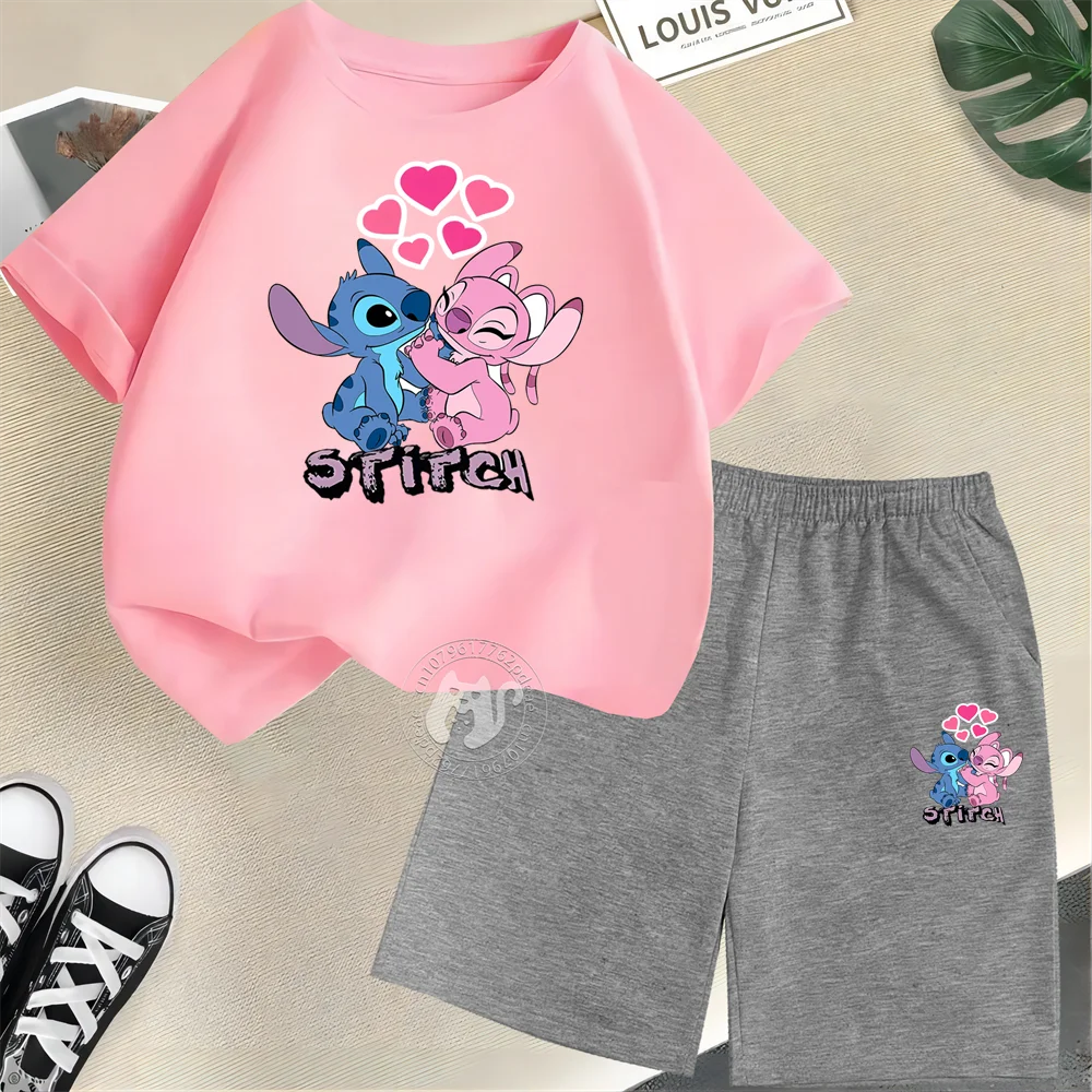 Disney Stitch & Angel Kids' Summer Outfit – 100% Cotton T-Shirt & Shorts Set 🏝️💙