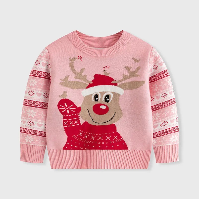 Winter Girls' Reindeer Print Cartoon Sweater – Cute Long-Sleeved Christmas Knit for Girls 🎄🦌