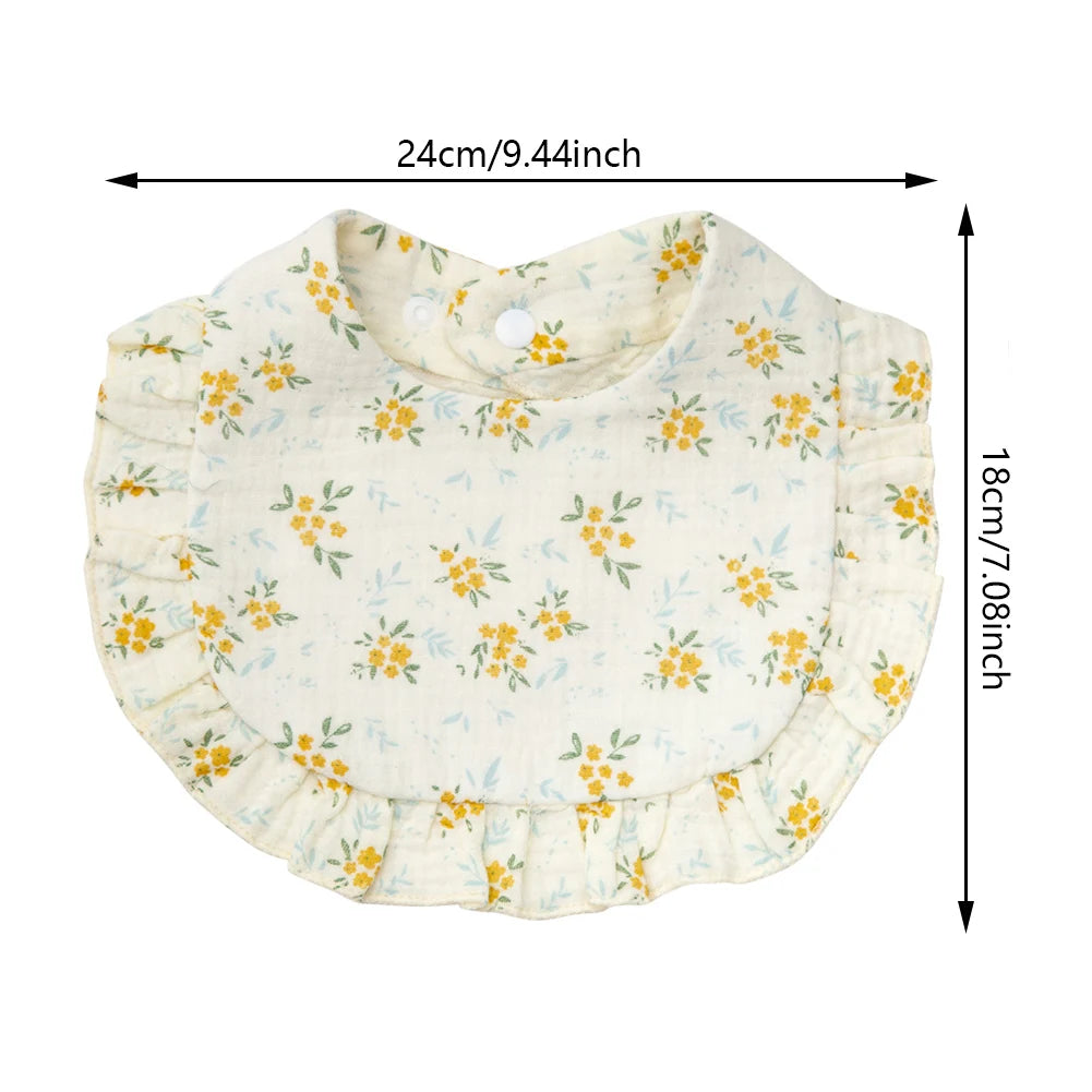 Flower Print Muslin Cotton Baby Bib – Adjustable Snap, Ruffled Edge