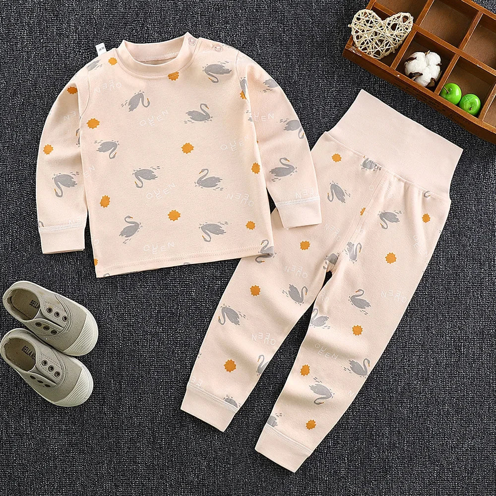 Boys' and Girls' Cotton Long Johns Cartoon Print Pajama Set