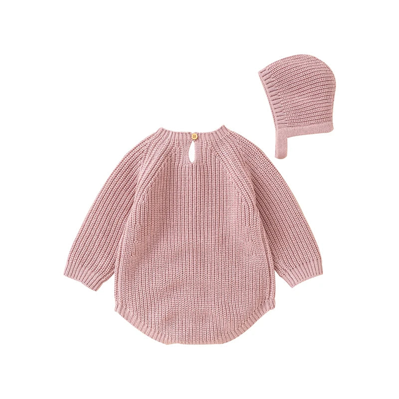 Long-Sleeve Knit Onesie with Matching Knit Hat