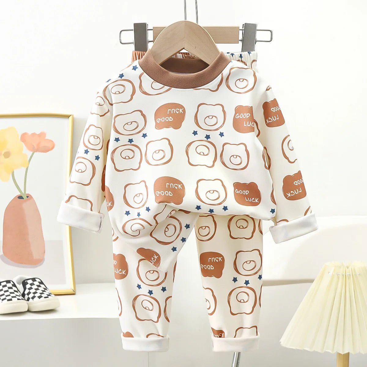 New Kids Autumn Warm Pajamas Boys Girls Cute Cartoon Bear Long Sleeve T-Shirt Top + Pants Baby Sleepwear Underwear Clothing Sets