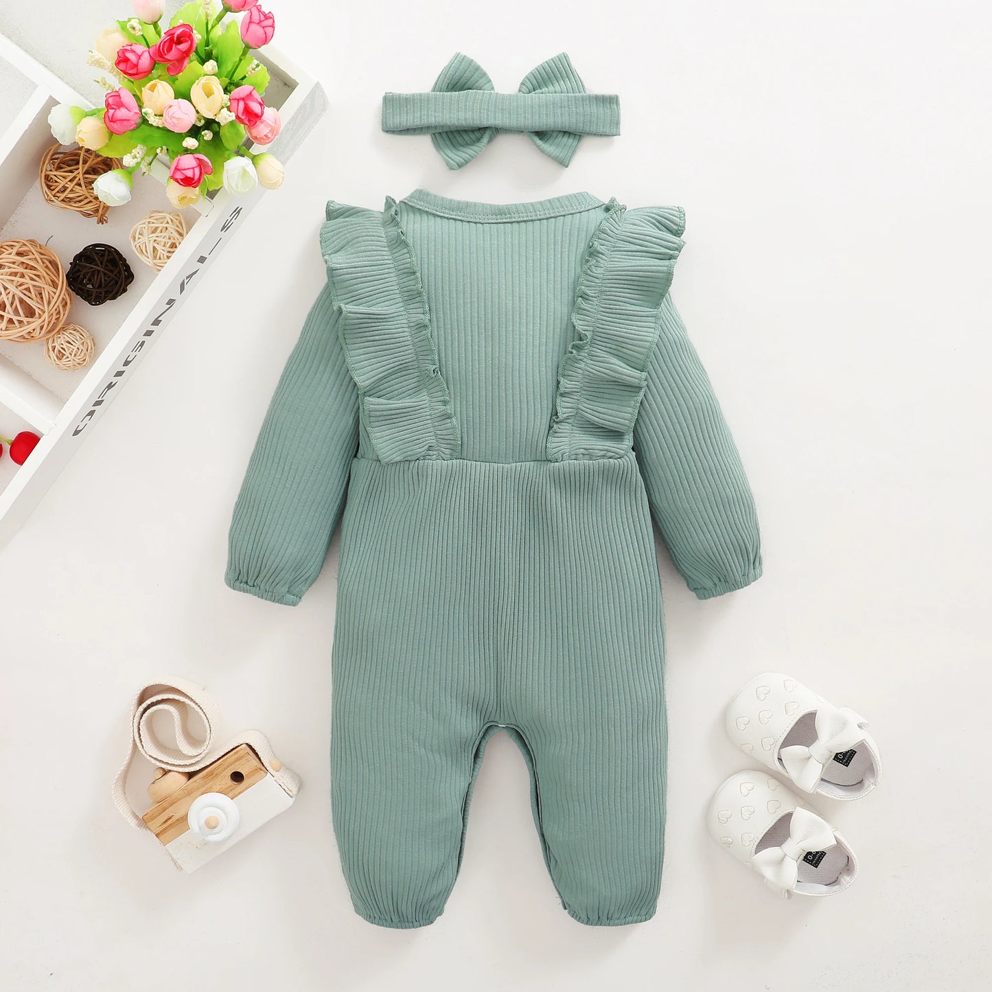 Long Sleeved Ruffle Onesie with Headband Onesie 0-18 Months