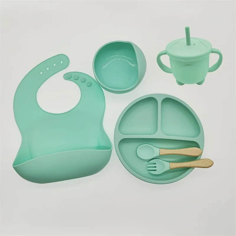 Children's Silicone Tableware Set - 6/8-Piece Baby Dining Set with Suction Cups, Utensils, Bib & More