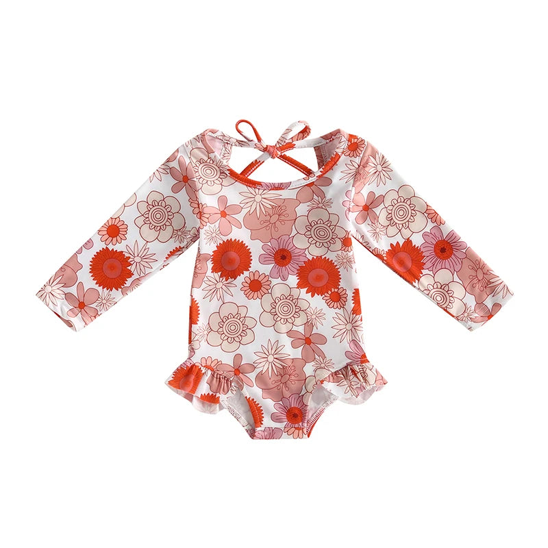 Girls' Long-sleeved Floral Ruffle Swimsuit