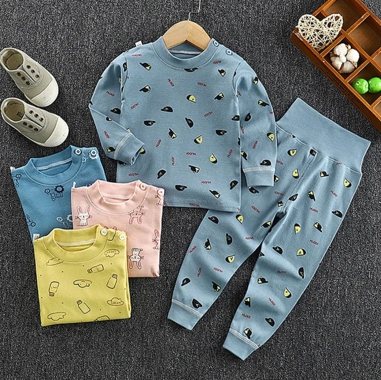 Boys' and Girls' Cotton Long Johns Cartoon Print Pajama Set