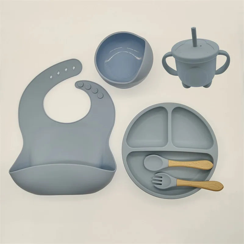 Children's Silicone Tableware Set - 6/8-Piece Baby Dining Set with Suction Cups, Utensils, Bib & More