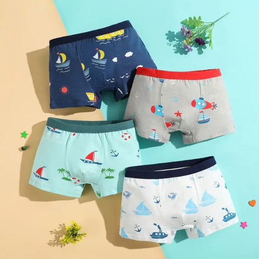 4ct Pack Boys' Cotton Boxer Briefs – Ocean, Safari, Airplane Themed Underwear (2-12 Years)