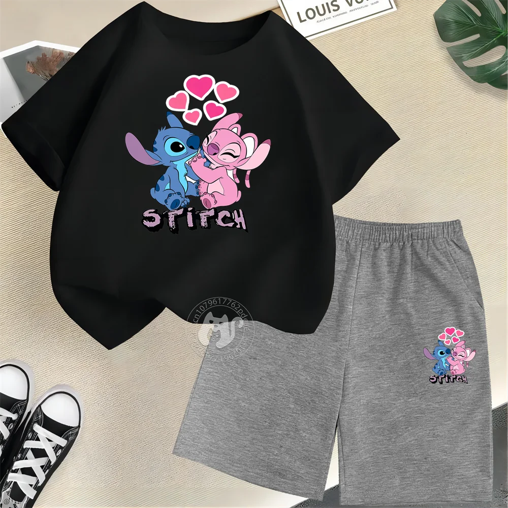 Disney Stitch & Angel Kids' Summer Outfit – 100% Cotton T-Shirt & Shorts Set 🏝️💙