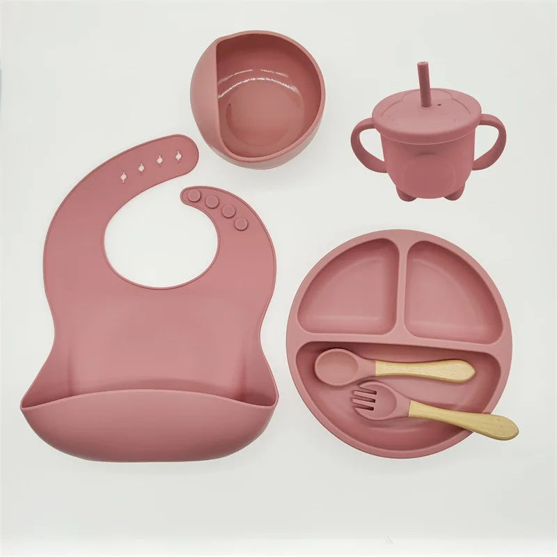 Children's Silicone Tableware Set - 6/8-Piece Baby Dining Set with Suction Cups, Utensils, Bib & More