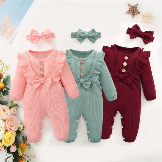 Long Sleeved Ruffle Onesie with Headband Onesie 0-18 Months