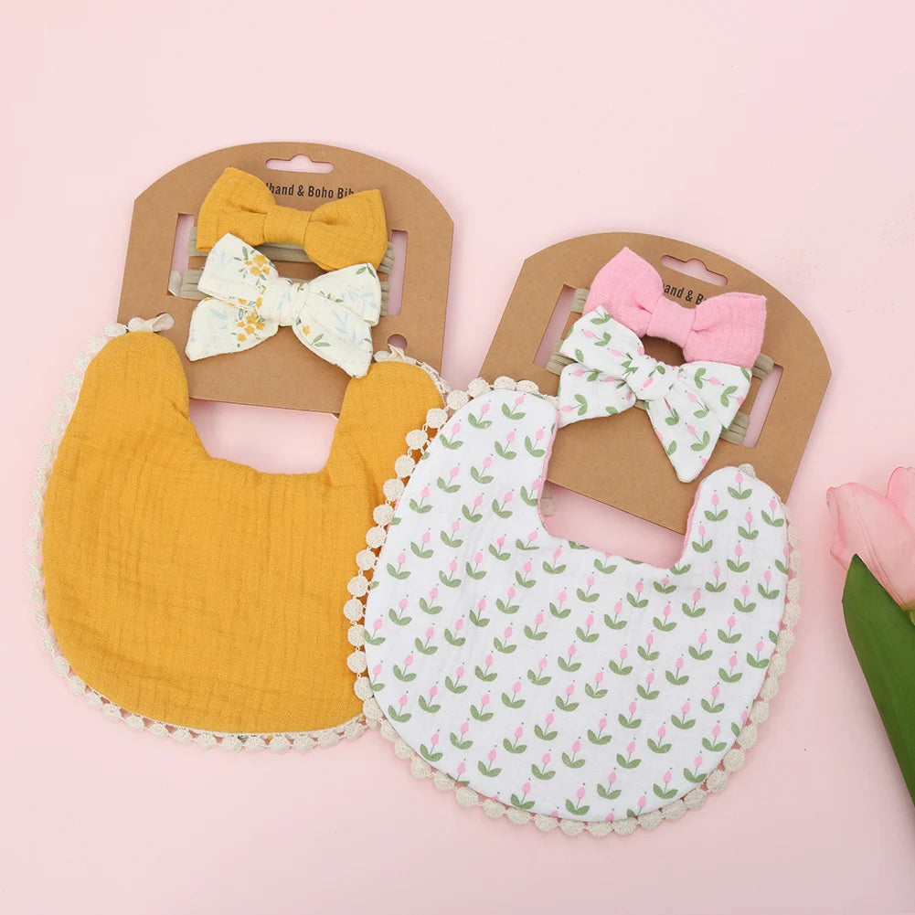 3Pcs Baby Flower Bibs & Headbands Set – Stylish & Functional